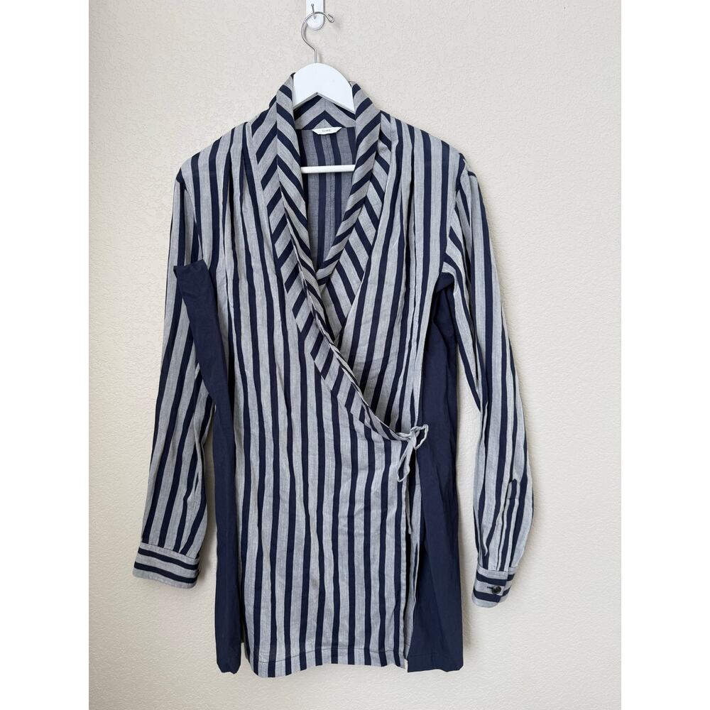 Tome Cabana Striped Wrap Blouse Size Medium Gray Blue Unlined Long Top Dress